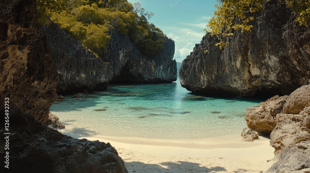 hidden cove with crystal-clear blue waters, surrounded by towering limestone cliffs, soft white sand, cinematic storytelling hidden cove with crystal-clear blue waters, surrounded by towering limestone cliffs, soft white sand, cinematic storytelling