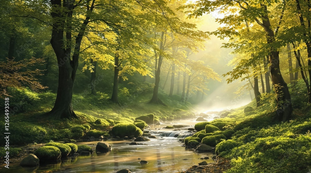 Obraz premium Towering trees standing sentinel over a tranquil forest stream, leaves, natural scenery, serene water