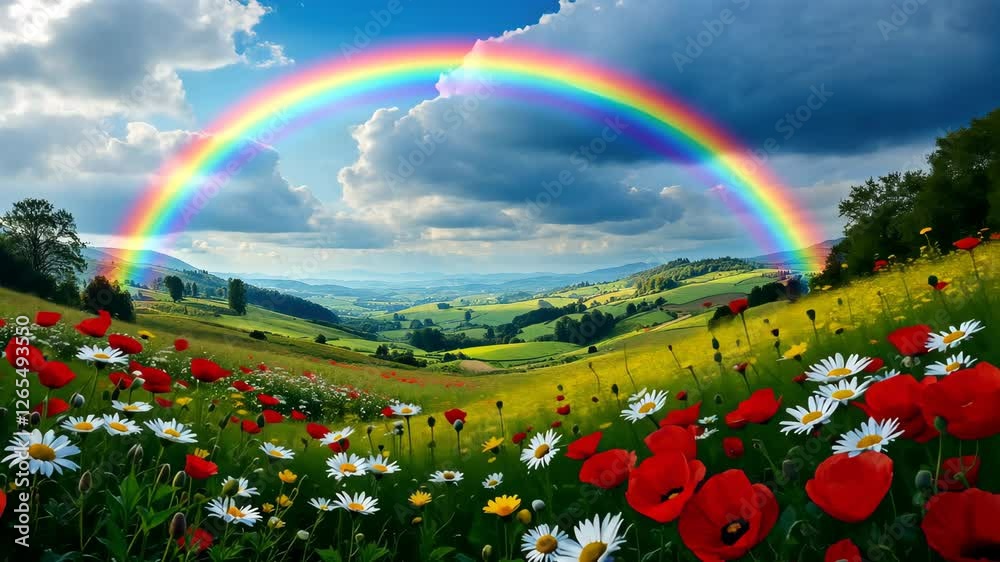 Rainbow Over Fields of Flowers: A vibrant rainbow arches over a breathtaking panorama of rolling hills, adorned with a tapestry of colorful wildflowers,  evoking a sense of hope, joy, and renewal.