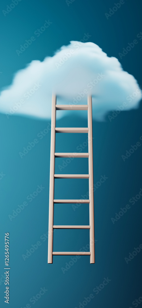 Wooden ladder reaching a fluffy white cloud against a teal backdrop, symbolizing ambition, achievement, and the pursuit of dreams