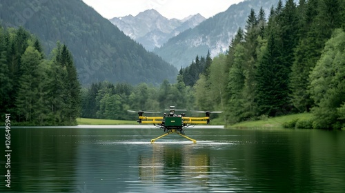 Yellow Drone Flying Over a Calm Lake in a Mountainous Region photo