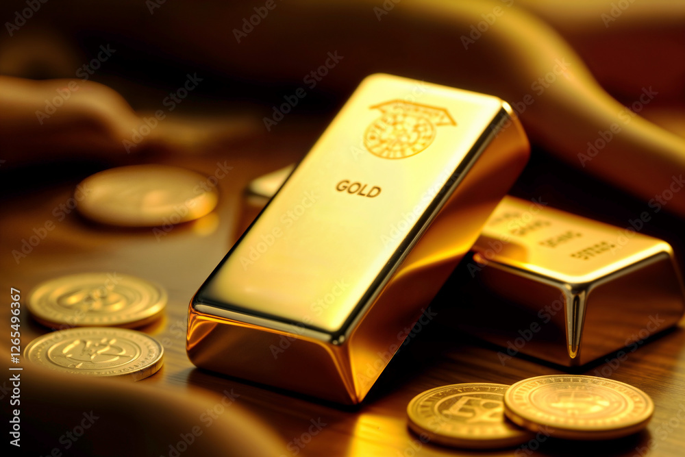 Gold bar and coins in luxurious financial concept. AI generated Gold bar and coins in luxurious financial concept. AI generated