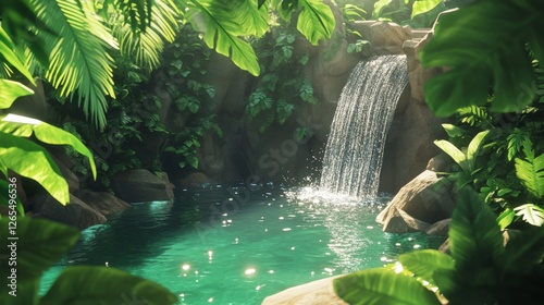 hidden waterfall deep in the Amazon rainforest, sunlight filtering through thick green leaves, crystal-clear water reflecting the sky