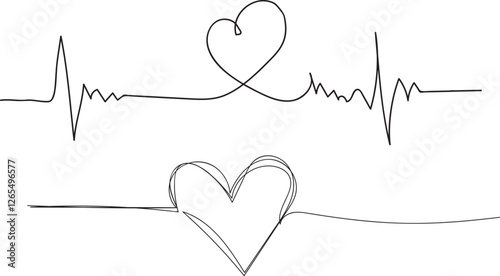 Heart beat one line. Continuous lines heart beats drawing. Wave pulse. Hand draw heartbeat. Design heartbeat for print. Black silhouette cardiogram isolated on white background. Vector illustration