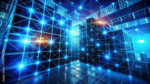 Abstract Blue Glowing Grid Network: Digital Technology Background Stock Photo