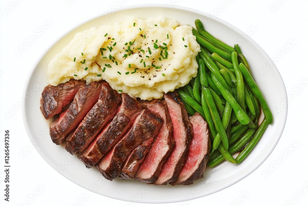 Grilled Sliced Steak, Creamy Mashed Potatoes, and Vibrant Green Beans - Delicious and Balanced Meal for Lunch or Dinner Grilled Sliced Steak, Creamy Mashed Potatoes, and Vibrant Green Beans - Delicious and Balanced Meal for Lunch or Dinner
