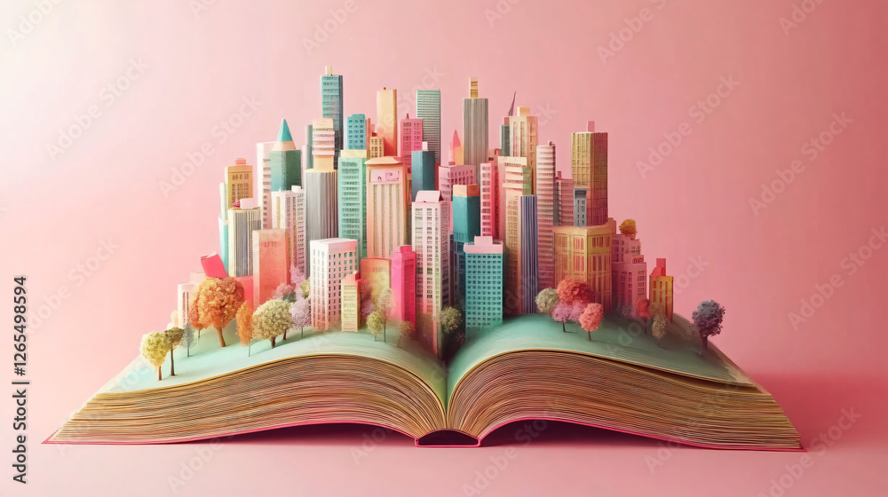 Fototapeta premium 3d cute, Colorful cityscape on open book, Generative ai