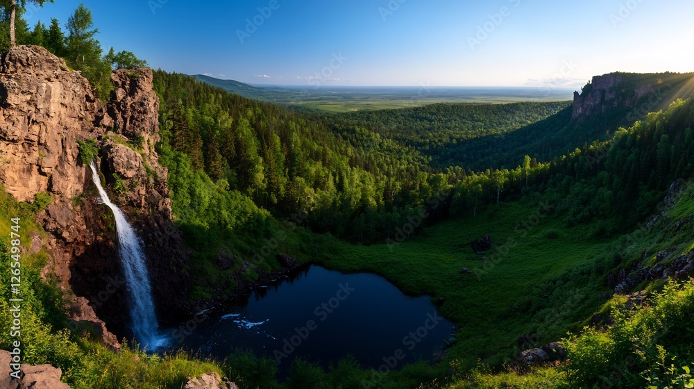 Majestic Waterfall cascading into a serene lake amidst a lush green valley, offering a breathtaking panoramic view of nature's splendor. Majestic Waterfall cascading into a serene lake amidst a lush green valley, offering a breathtaking panoramic view of nature's splendor.