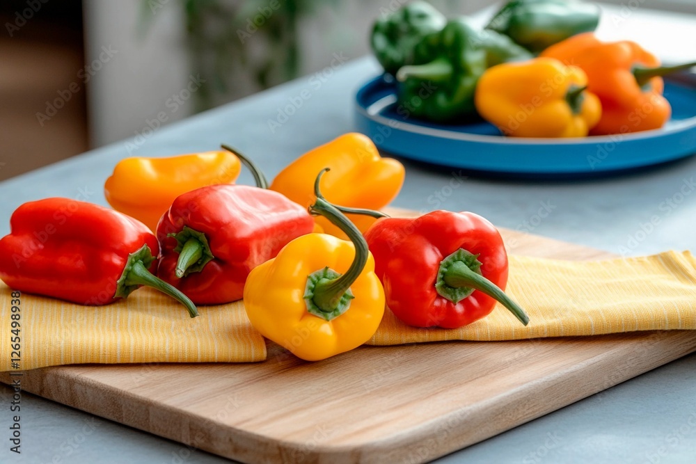 Vibrant bell peppers in shades of red, yellow, and green are arranged on a wooden cutting board. A blue plate in the background holds more colorful peppers, creating a lively kitchen atmosphere. Vibrant bell peppers in shades of red, yellow, and green are arranged on a wooden cutting board. A blue plate in the background holds more colorful peppers, creating a lively kitchen atmosphere.
