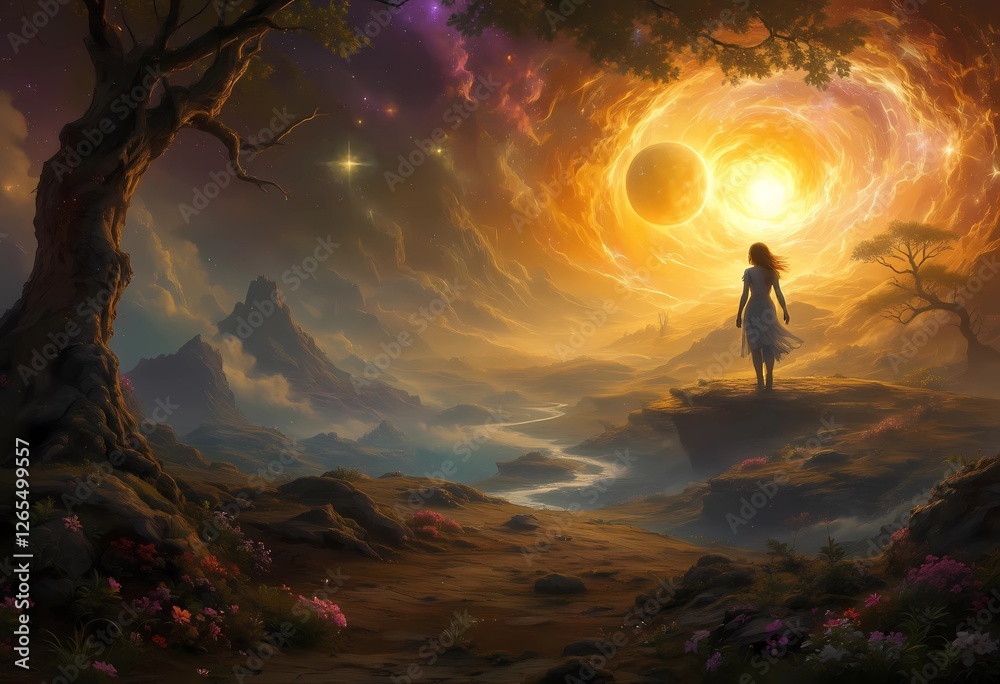 Fototapeta premium Celestial Dreamscape: A Woman Gazes Upon a Cosmic Portal