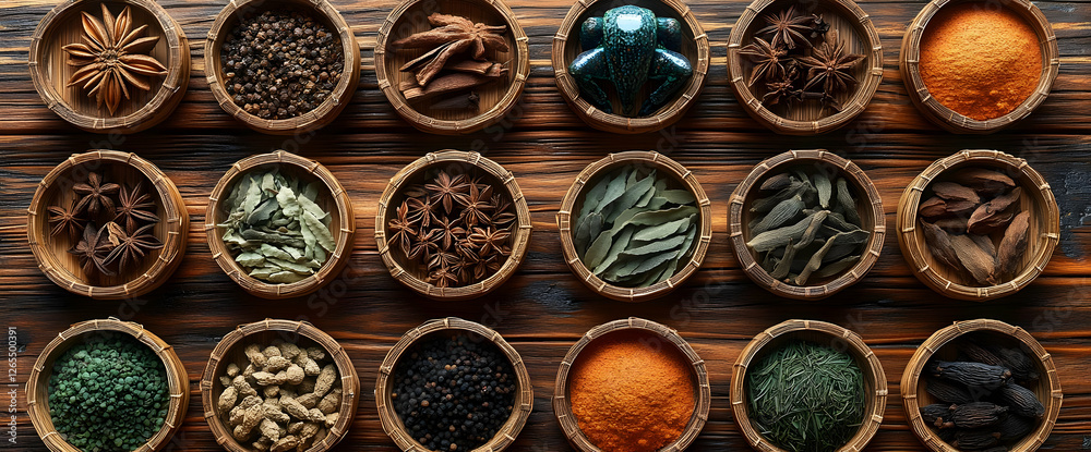 Fototapeta premium Assortment Of Spices In Small Bowls On Wooden Surface