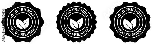 Eco friendly badge collection set on white background. Eco friendly badge certification stamp with green leaf icon sustainable product label environmental friendly emblem. Vector illustration