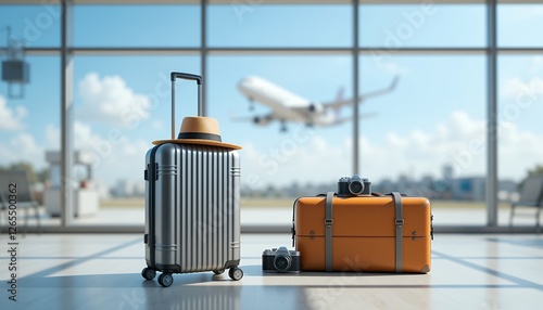 Awaiting takeoff: Luggage and cameras poised for a vibrant journey ahead full of adventures photo