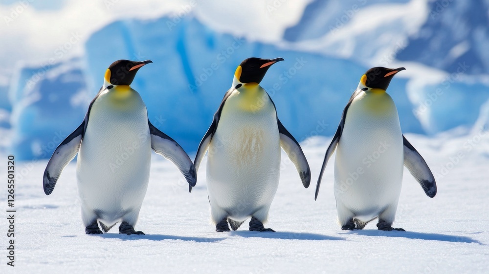 Obraz premium icy wonderland in Antarctica, towering blue glaciers, penguins waddling on the snow