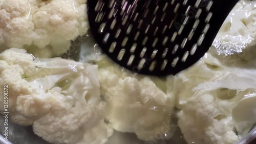 Immersing cauliflower pieces with skimmer in hot water for blanching