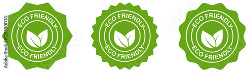 Eco friendly insignia collection set with leaf in circle. Sustainable product seal design. Biodegradable packaging stamp. Environmental friendly emblem. Organic product. Vector illustration