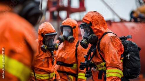Hazmat team responds to chemical spill industrial site emergency response urban environment close-up view safety protocols