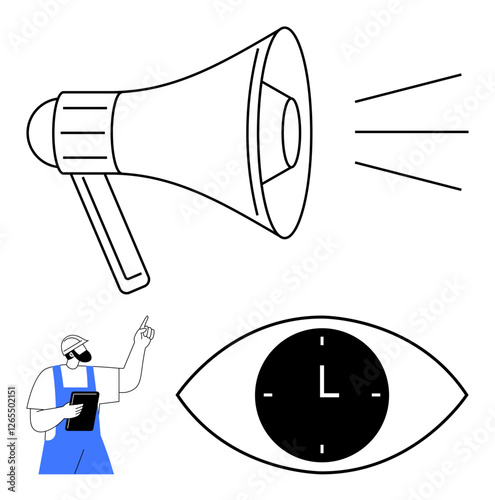 Worker in blue overalls pointing with clipboard, large megaphone emitting lines, clock inside eye symbolizing focus. Ideal for communication, teamwork, time management, leadership, planning