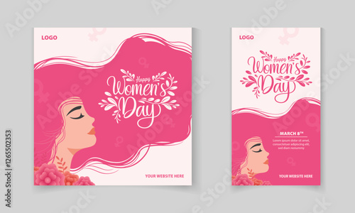Happy Women's Day Social Media Post Design Template with Young Girl and Colorful Flower vector