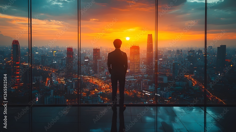 Fototapeta premium Confident Leader Overlooking Glowing Cityscape at Sunset Symbolizing Vision and Ambition