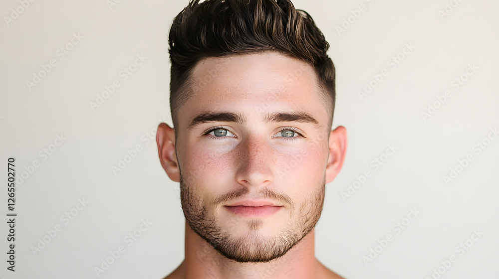 Naklejka premium Portrait of a young man with short brown hair, light stubble, and striking eyes. He exudes confidence and a modern, approachable style. Simple background. 
