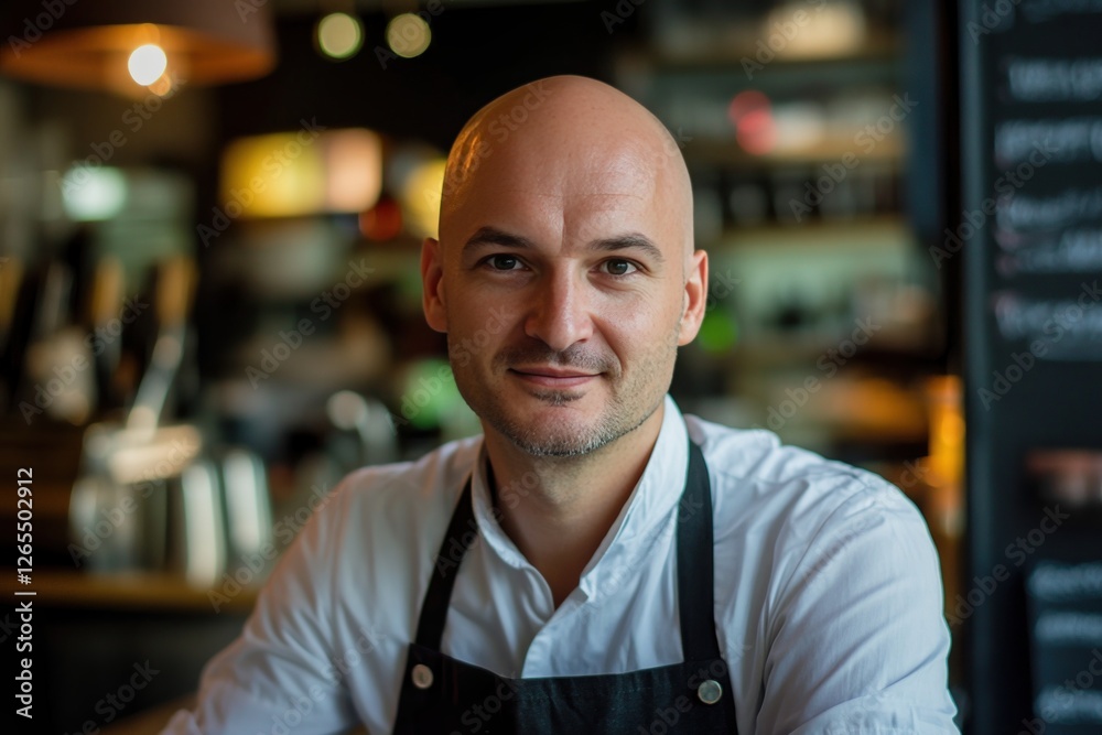 Bald caucasian male chef smiling in a cozy cafe setting Bald caucasian male chef smiling in a cozy cafe setting