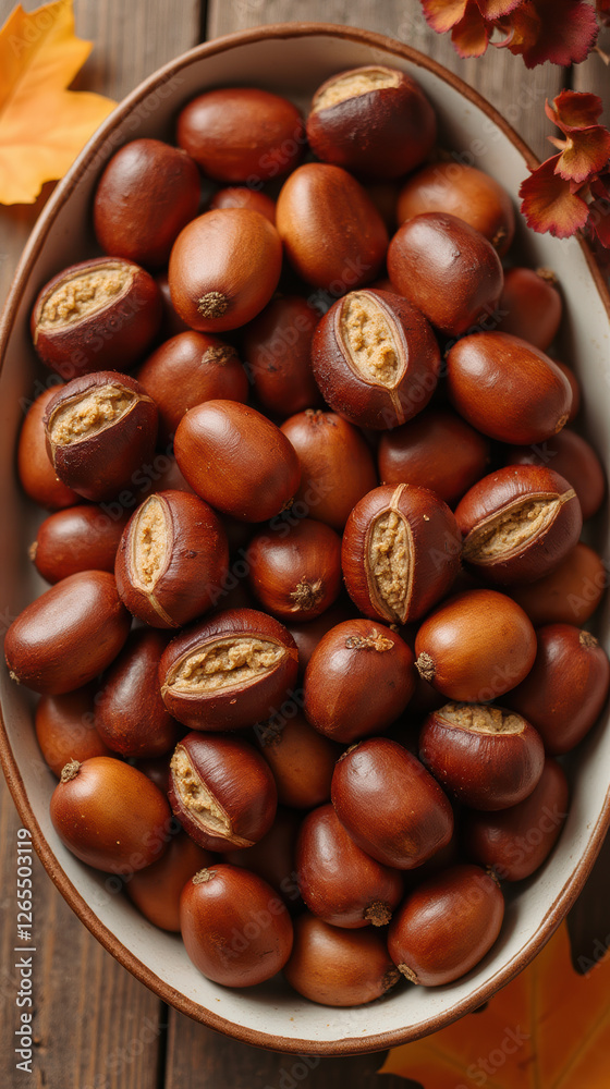 Fresh chestnuts in bowl, showcasing their shiny brown shells and rich texture. Perfect for autumn gatherings Fresh chestnuts in bowl, showcasing their shiny brown shells and rich texture. Perfect for autumn gatherings