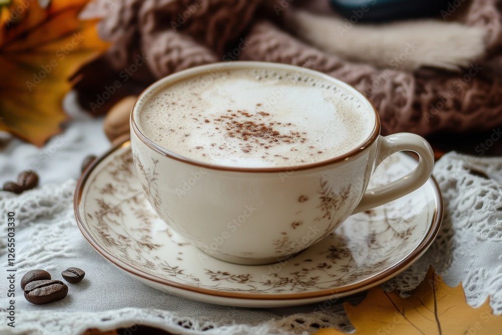 Obraz premium Warm coffee cup cradled in autumn leaves surrounded by cozy textures on a cool day