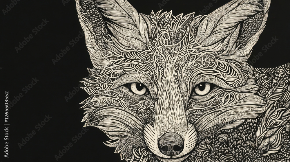 Fototapeta premium Intricate woodcut illustration of a fox with dramatic monochrome patterns against a black background