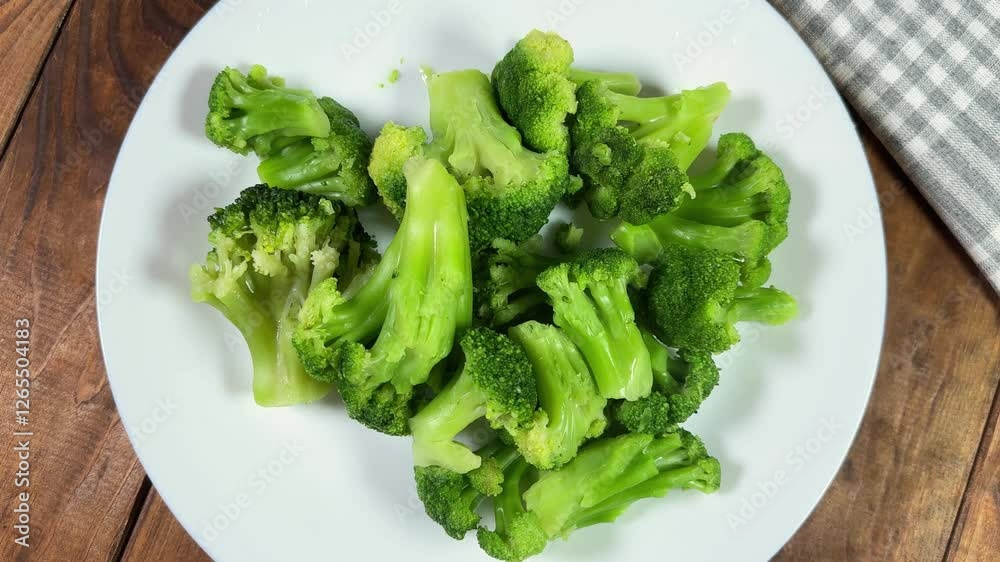 Freshly boiled broccoli pieces on dish on rustic table