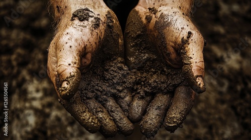 Muddy hands holding dark soil against an earthy background