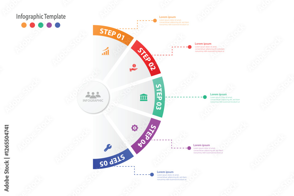 modern business half circular infographic template design with icons and 5 process steps or options. Can be used for slides, diagram, presentation or web design. Vector illustration