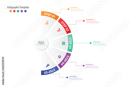 modern business half circular infographic template design with icons and 5 process steps or options. Can be used for slides, diagram, presentation or web design. Vector illustration