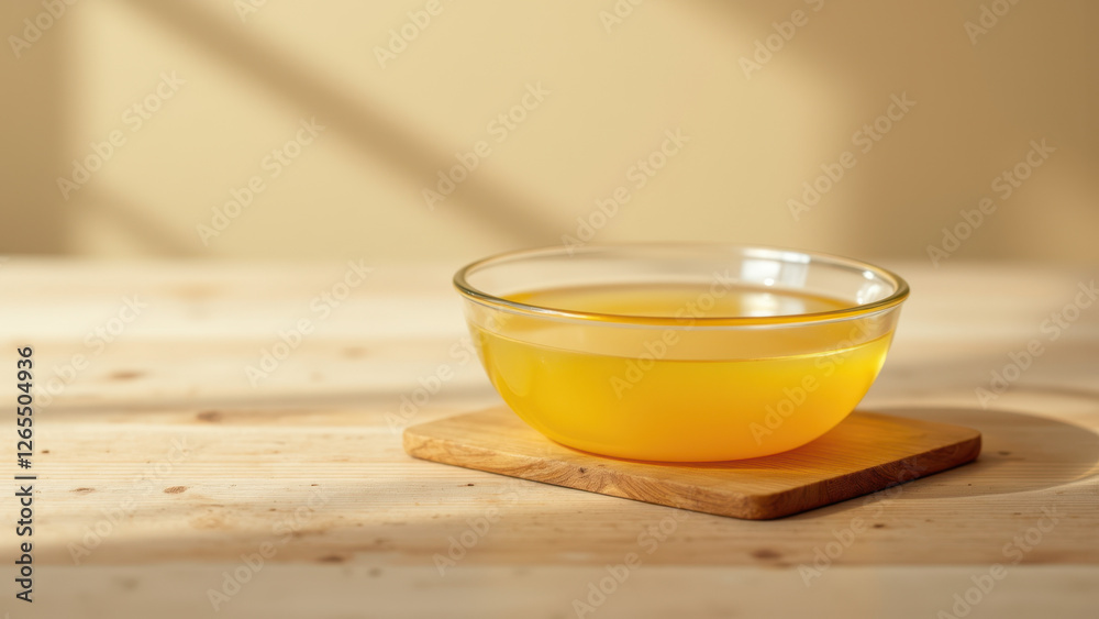 Yellow liquid inside a bowl on a wooden surface. Yellow liquid inside a bowl on a wooden surface.