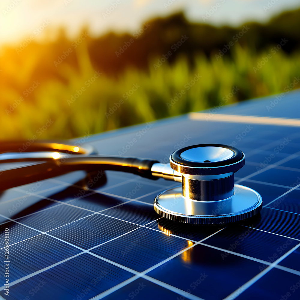Stethoscope on Solar Panel at Sunset