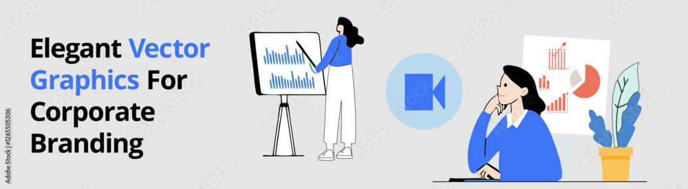 Female character thinking, video icon, person analyzing data on screen with graphs and documents. Best for branding, marketing, business, design systems, creativity, education flat landing page Female character thinking, video icon, person analyzing data on screen with graphs and documents. Best for branding, marketing, business, design systems, creativity, education flat landing page