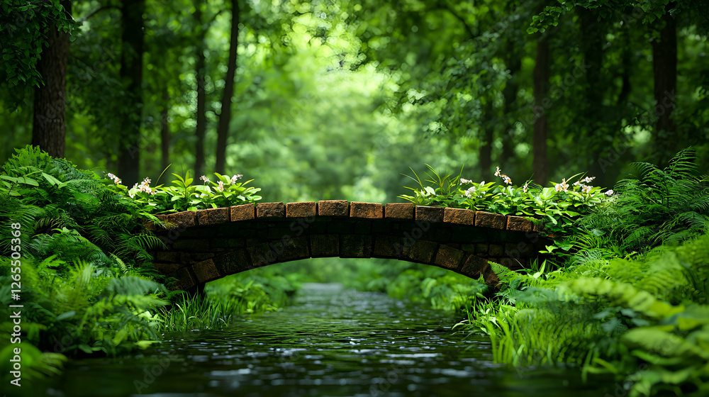 Stone Arch Bridge Over Lush Green Stream in Forest Stone Arch Bridge Over Lush Green Stream in Forest