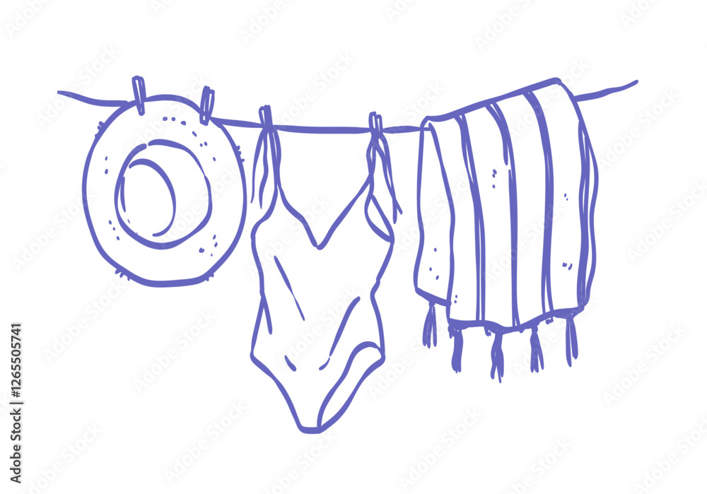Summer beach accessories dried on a rope. Straw hat, woman one piece swimsuit and blanket hanged wet with clothespins. Summer theme vector illustration in ink doodle hand drawn line art style.