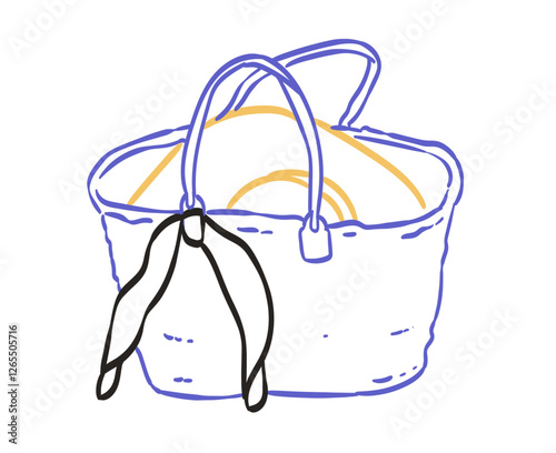 Elegant hand drawn straw bag with hat inside. Female summer beach style tot in doodle line art style. Wicker french bag drawing or vector illustration in blue and yellow colors.
