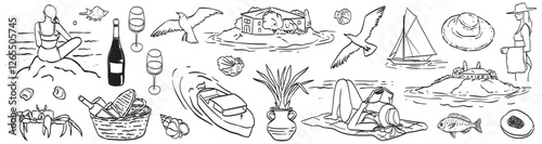 Italian, Spanish or French summer vacation doodle style illustration set. Vector ink hand drawn Italy coast sea or beach elements. Sea weekend or rest collection for invitations to beach party, picnic