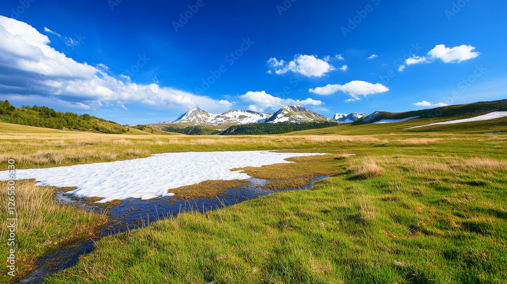 Vibrant spring meadow with melting snow patches and a bright blue sky in a tranquil setting Vibrant spring meadow with melting snow patches and a bright blue sky in a tranquil setting