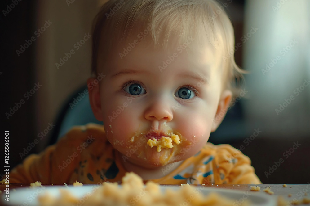 Generative AI image of a cute baby eating food in a highchair with a messy and funny expression Generative AI image of a cute baby eating food in a highchair with a messy and funny expression