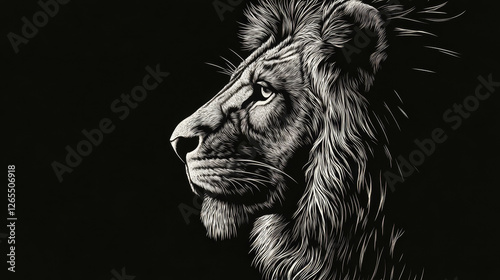 Intricately detailed lion portrait in woodcut engraving style with dramatic monochrome contrast