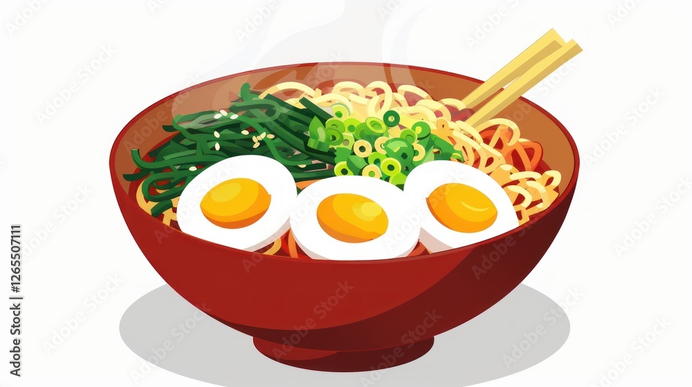 A delicious bowl of ramen with steaming broth, tender noodles, boiled eggs, and fresh vegetables. A delicious bowl of ramen with steaming broth, tender noodles, boiled eggs, and fresh vegetables.