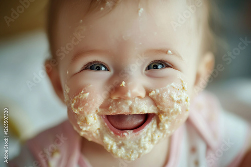 Generative AI image of a cute baby eating food in a highchair with a messy and funny expression photo