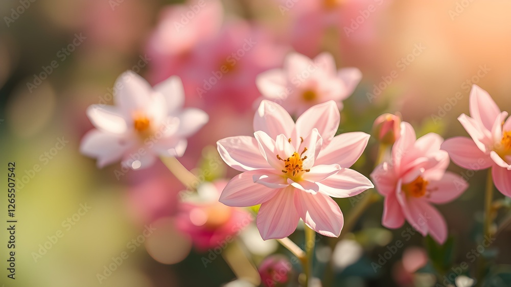 Obraz premium Pink Flower Delicate Bloom: A close-up shot of a delicate pink flower in a field, bathed in warm, golden sunlight. The petals are soft and smooth, with a gentle blush of color.