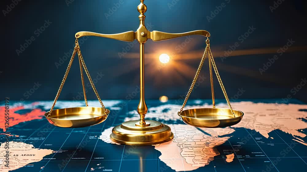 Golden scales of justice on a world map with symbolic legal concept ...
