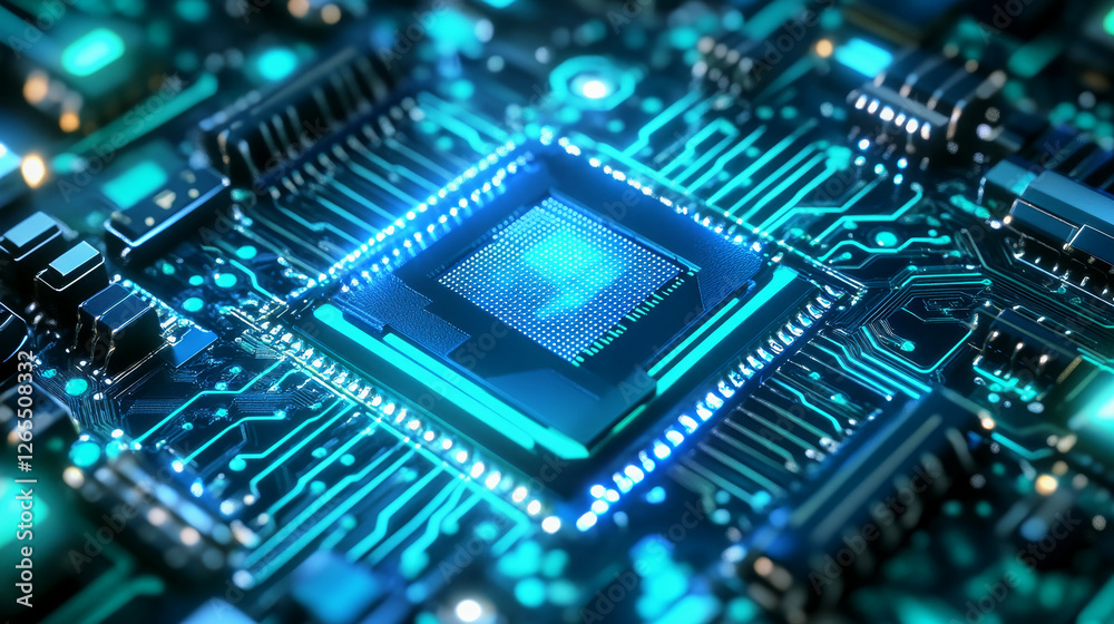 High-tech processor operational on a detailed circuit board with glowing data streams High-tech processor operational on a detailed circuit board with glowing data streams