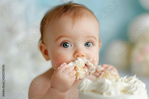 Generative AI image of a cute baby eating food in a highchair with a messy and funny expression photo