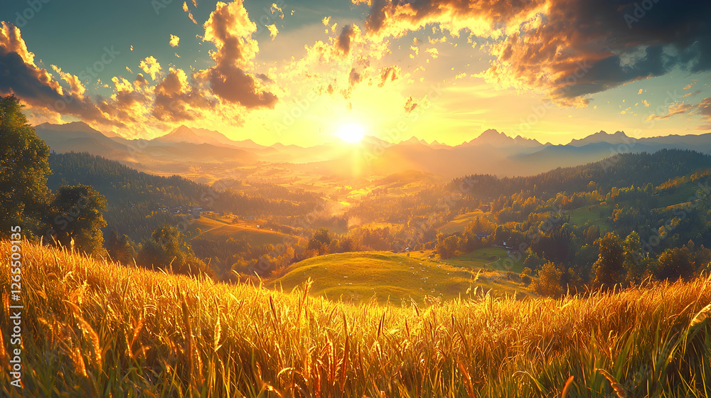 Obraz premium Golden sunset over rolling hills and valley